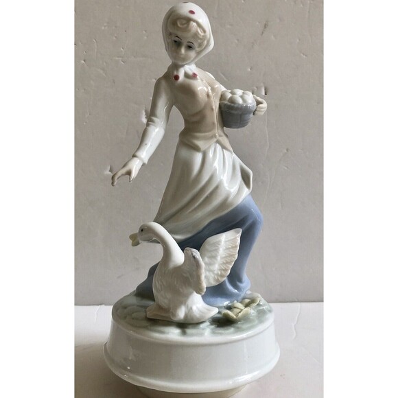 Unbranded Other - MUSICAL BOX, PORCELAIN FIGURINE LADY WITH HANDKERCHIEF AND GOOSE 9.25" Tall